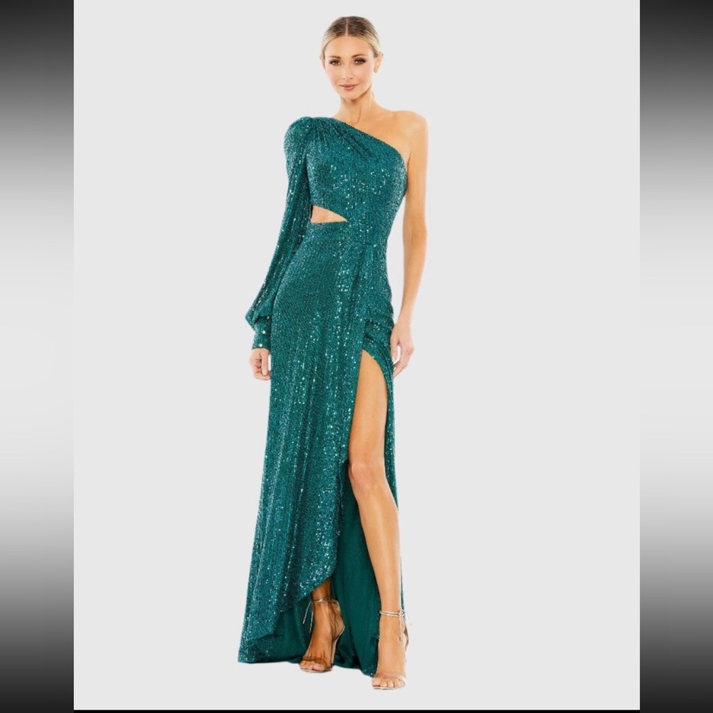 Mac Duggal Teal One-Shoulder Long Sleeve Dress